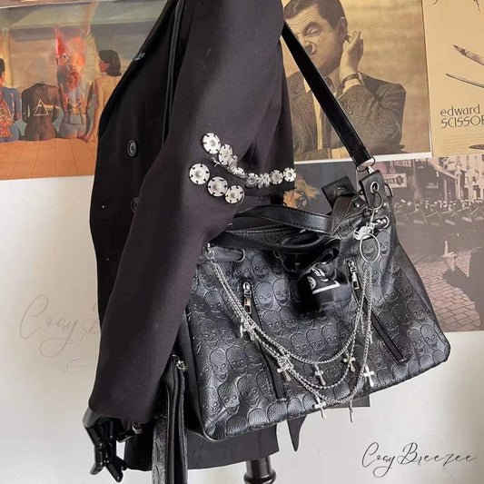 Y2K Gothic Skulls Printing Leather Large Capacity Punk Cross Chain Bag Black