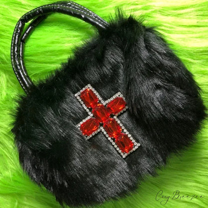 Y2K Gothic Soft Plush Black Cross Applique Harajuku Punk Hip Hop Shoulder Bag Black / 25X10X12cm