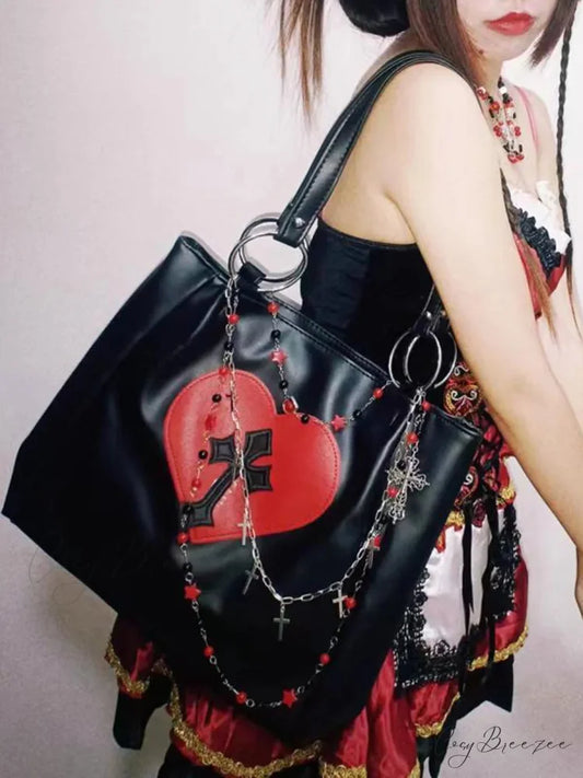 Y2K Grunge Gothic Cross PU Leather Large Capacity Vintage Tote Bag black (red cross)