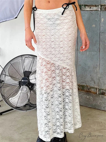 Y2K Grunge Lace Mesh Sheer Bow Tie Long Skirt skirt-250126