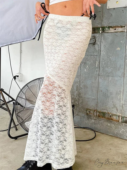 Y2K Grunge Lace Mesh Sheer Bow Tie Long Skirt WHITE / S skirt-250126