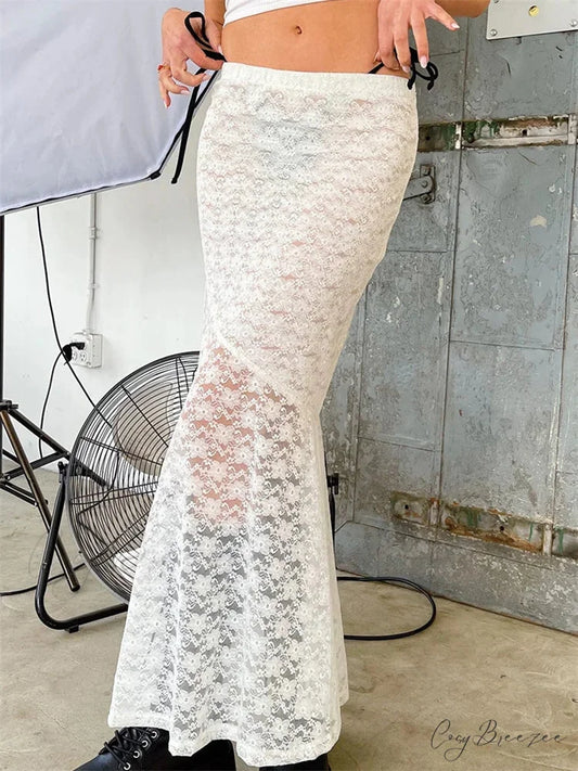 Y2K Grunge Lace Mesh Sheer Bow Tie Long Skirt WHITE / S skirt-250126