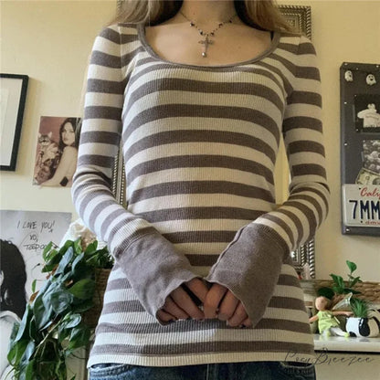 Y2K Grunge Striped Crew Neck Fall Slim Fit Knit Top Brown / S knittop-250126
