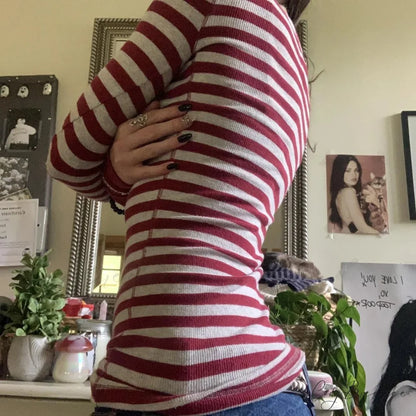Y2K Grunge Striped Crew Neck Fall Slim Fit Knit Top knittop-250126