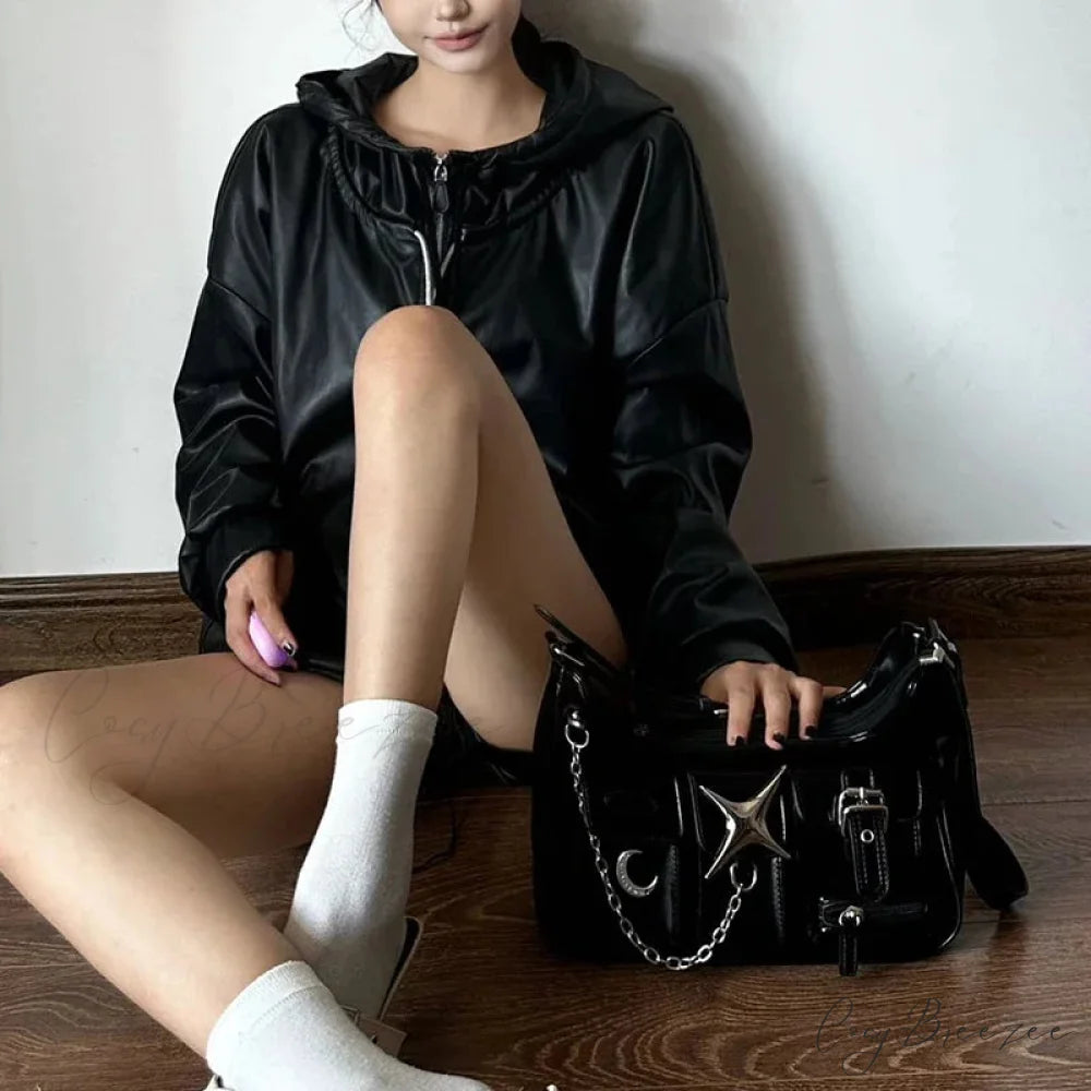 Y2K Harajuku Fashion Gothic Black Chains Casual Motorcycle Shoulder Bag Black / 25X13X7cm