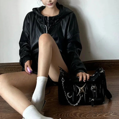 Y2K Harajuku Fashion Gothic Black Chains Casual Motorcycle Shoulder Bag Black / 25X13X7cm