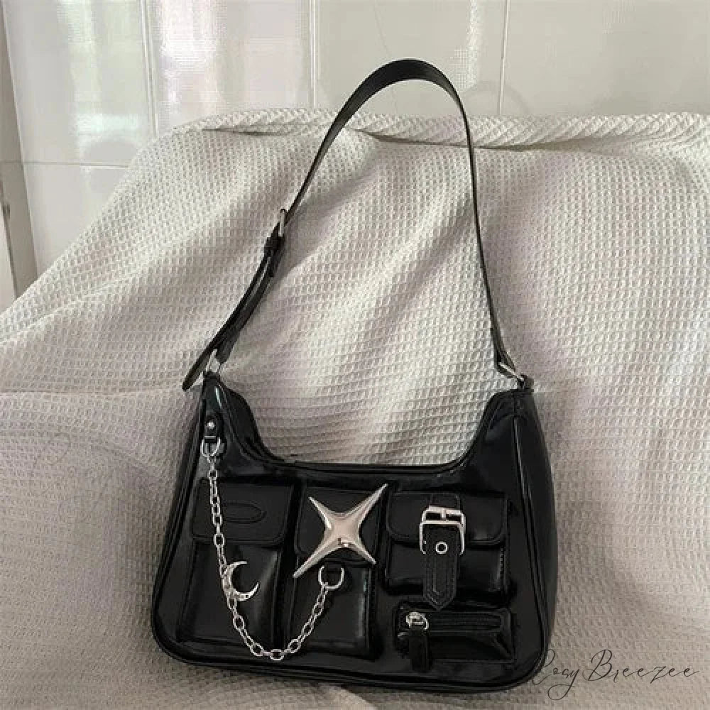 Y2K Harajuku Fashion Gothic Black Chains Casual Motorcycle Shoulder Bag Black / 25X13X7cm