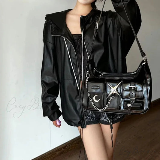 Y2K Harajuku Fashion Gothic Black Chains Casual Motorcycle Shoulder Bag Black / 25X13X7cm