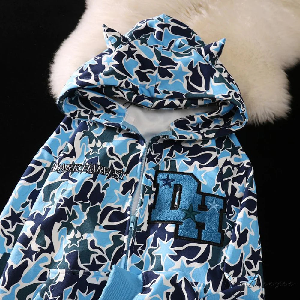 Y2k Hoodie Demon Streetwear Camouflage Up Embroidery Oversized Harajuku Zip Women 1 / S