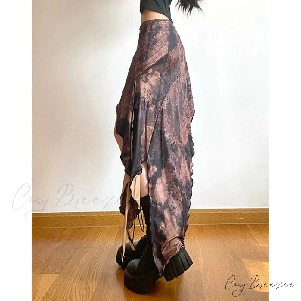 Y2K Irregular Midi Skirt Vintage Boho Ruffles Print Skirt skirt-250126