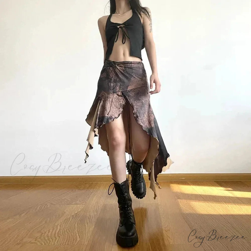 Y2K Irregular Midi Skirt Vintage Boho Ruffles Print Skirt skirt-250126