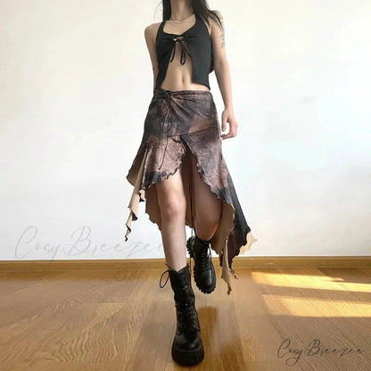 Y2K Irregular Midi Skirt Vintage Boho Ruffles Print Skirt skirt-250126