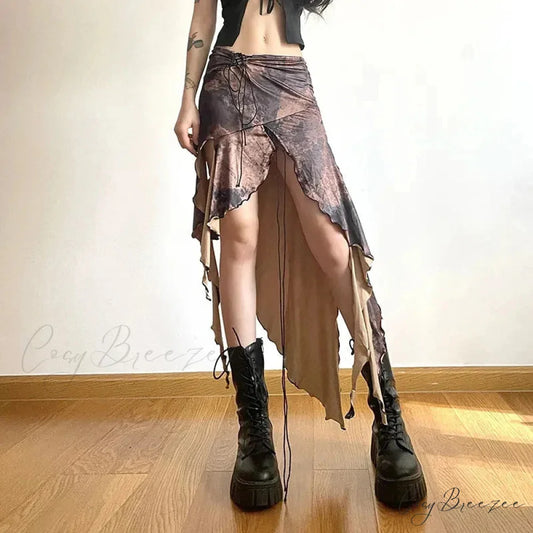 Y2K Irregular Midi Skirt Vintage Boho Ruffles Print Skirt Picture Color / S skirt-250126
