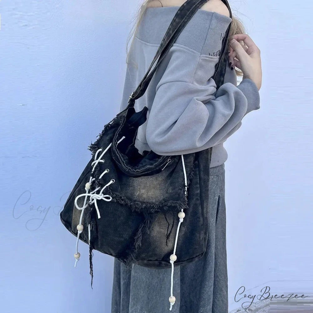 Y2K Korean Harajuku Gothic Aesthetic Vintage Denim Crossbody Messenger Bag Black