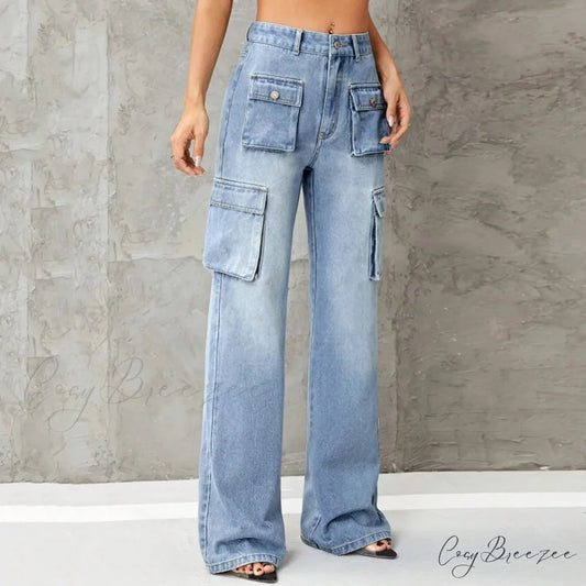 Y2K Korean Wide Leg Stretchy Denim Jeans Blue / S