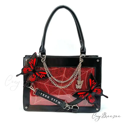 Y2K Labyrinth Butterfly Spider Web Letter Chain Transparent Gothic Bag Black Red / 35x25x10.5cm