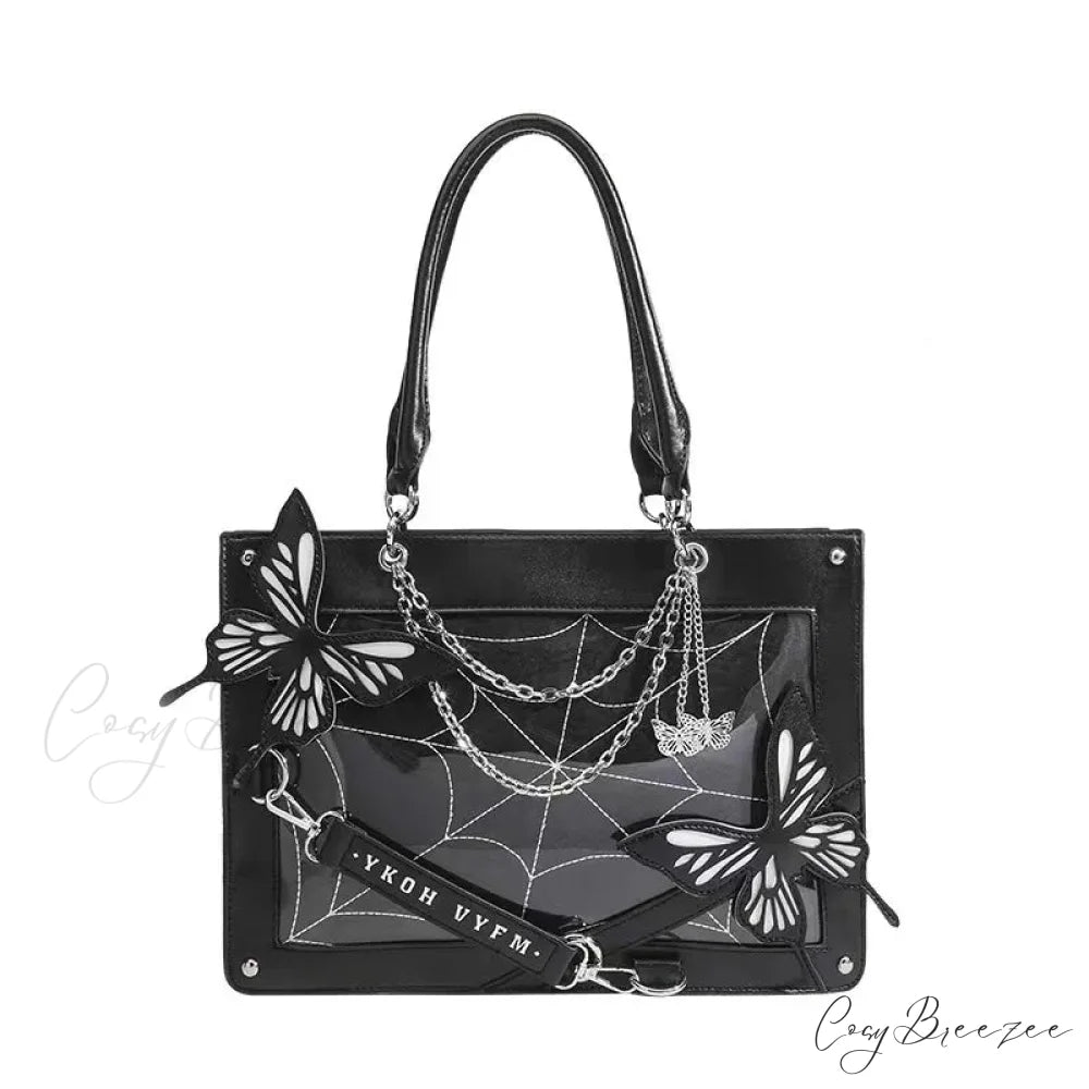 Y2K Labyrinth Butterfly Spider Web Letter Chain Transparent Gothic Bag Black White / 35x25x10.5cm