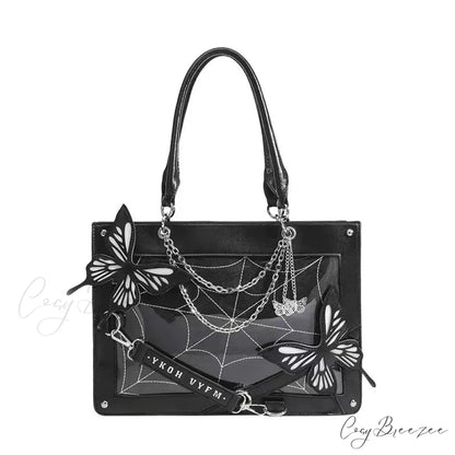 Y2K Labyrinth Butterfly Spider Web Letter Chain Transparent Gothic Bag Black White / 35x25x10.5cm