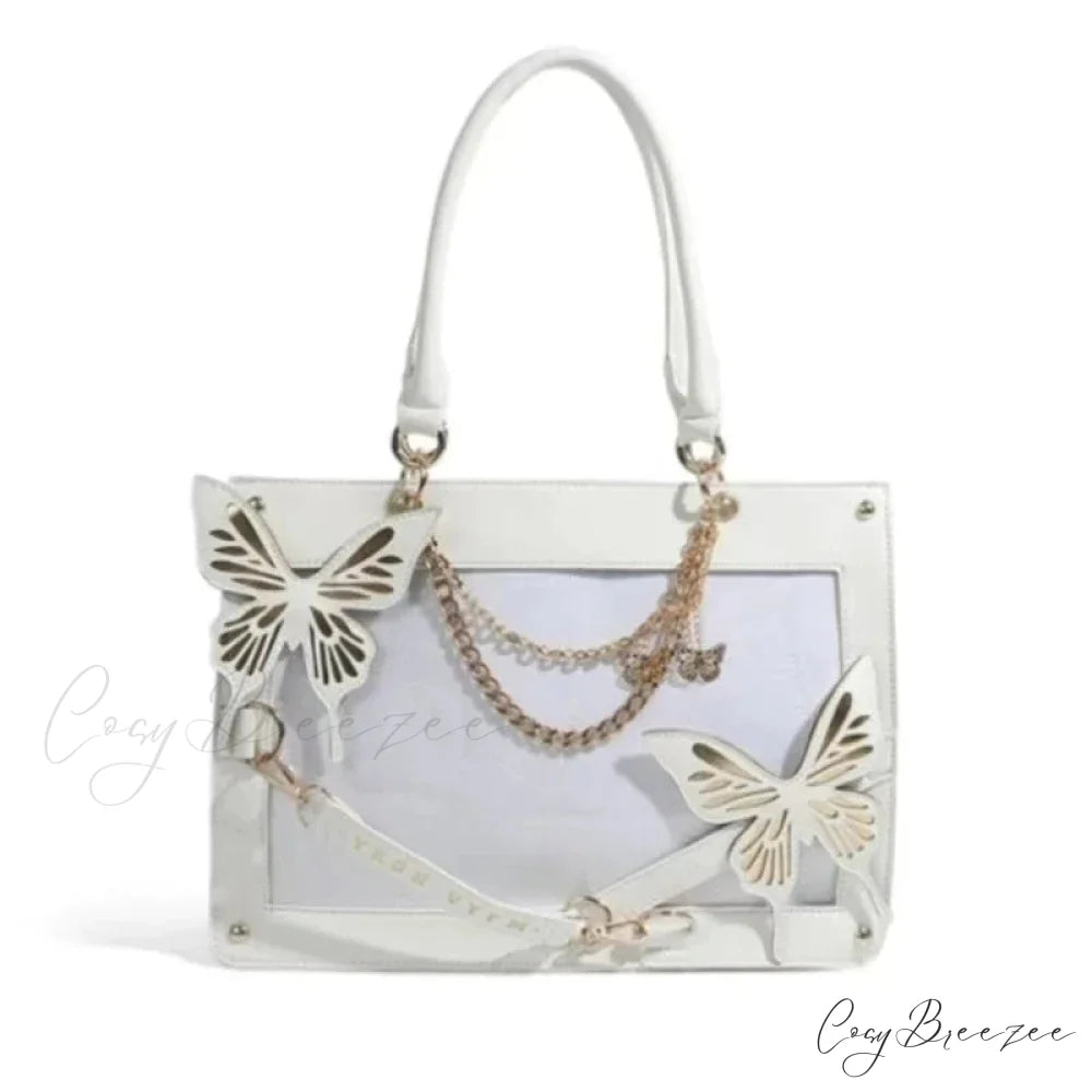 Y2K Labyrinth Butterfly Spider Web Letter Chain Transparent Gothic Bag White Gold / 35x25x10.5cm