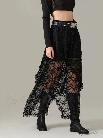 Y2K Lace Mesh Sheer High Waist Asymmetrical Skirt skirt-250126