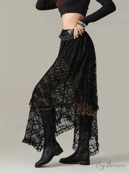Y2K Lace Mesh Sheer High Waist Asymmetrical Skirt skirt-250126