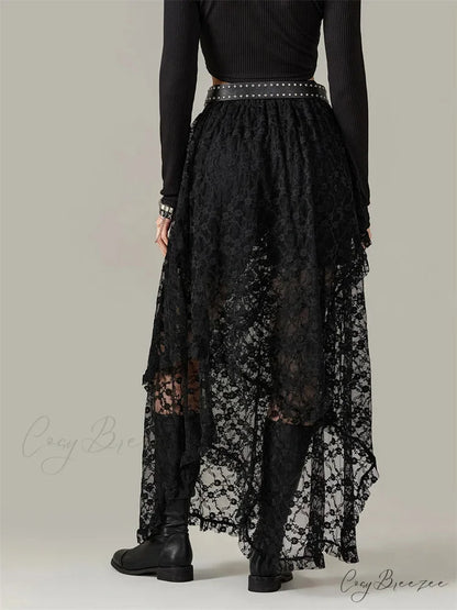 Y2K Lace Mesh Sheer High Waist Asymmetrical Skirt skirt-250126