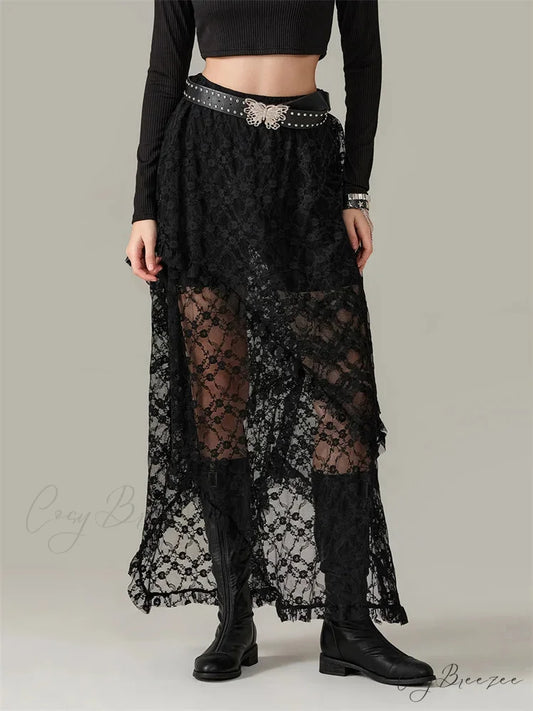 Y2K Lace Mesh Sheer High Waist Asymmetrical Skirt BLACK / S skirt-250126