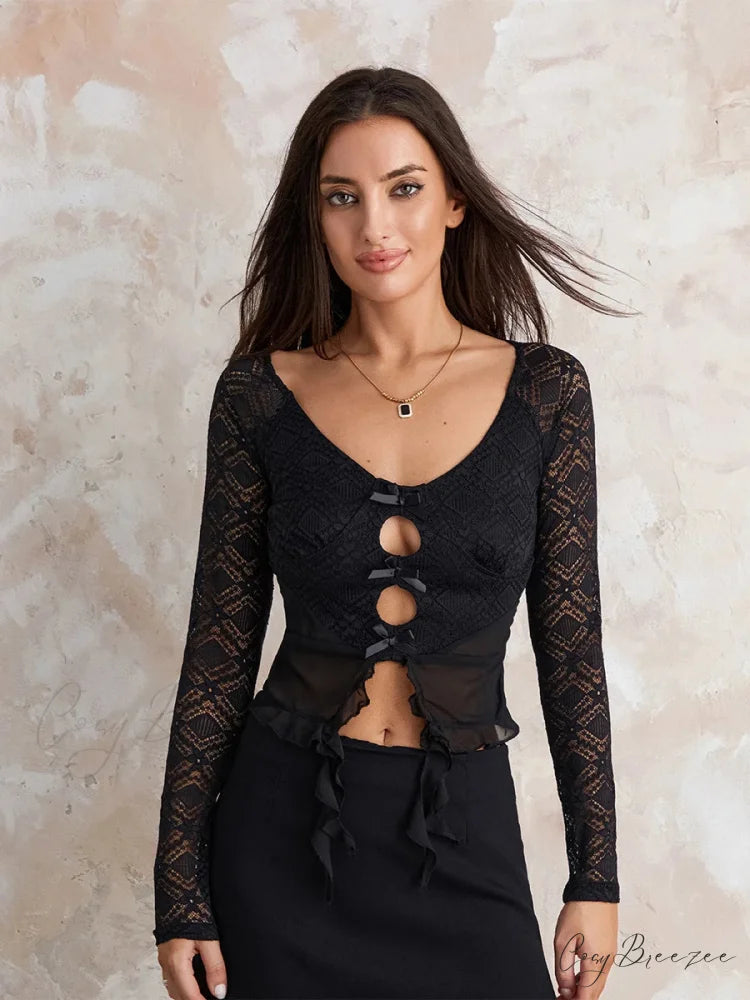 Y2k Lace Sheer Sexy Slim Fit Fairy Long Sleeve Trendy Stylish Classic Crop Top