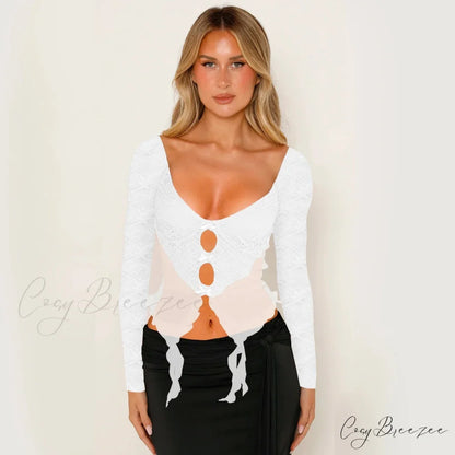 Y2k Lace Sheer Sexy Slim Fit Fairy Long Sleeve Trendy Stylish Classic Crop Top WHITE / S