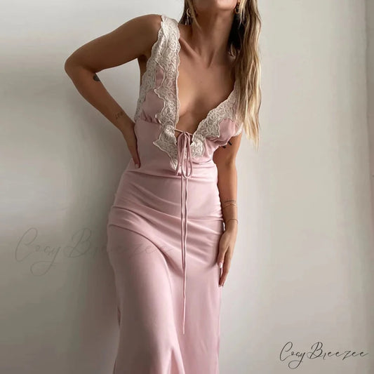 Y2K Lace Trim Long Holiday Dress pink / S vacationdress-250223