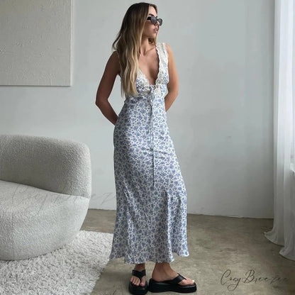 Y2K Lace Trim Long Holiday Dress vacationdress-250223