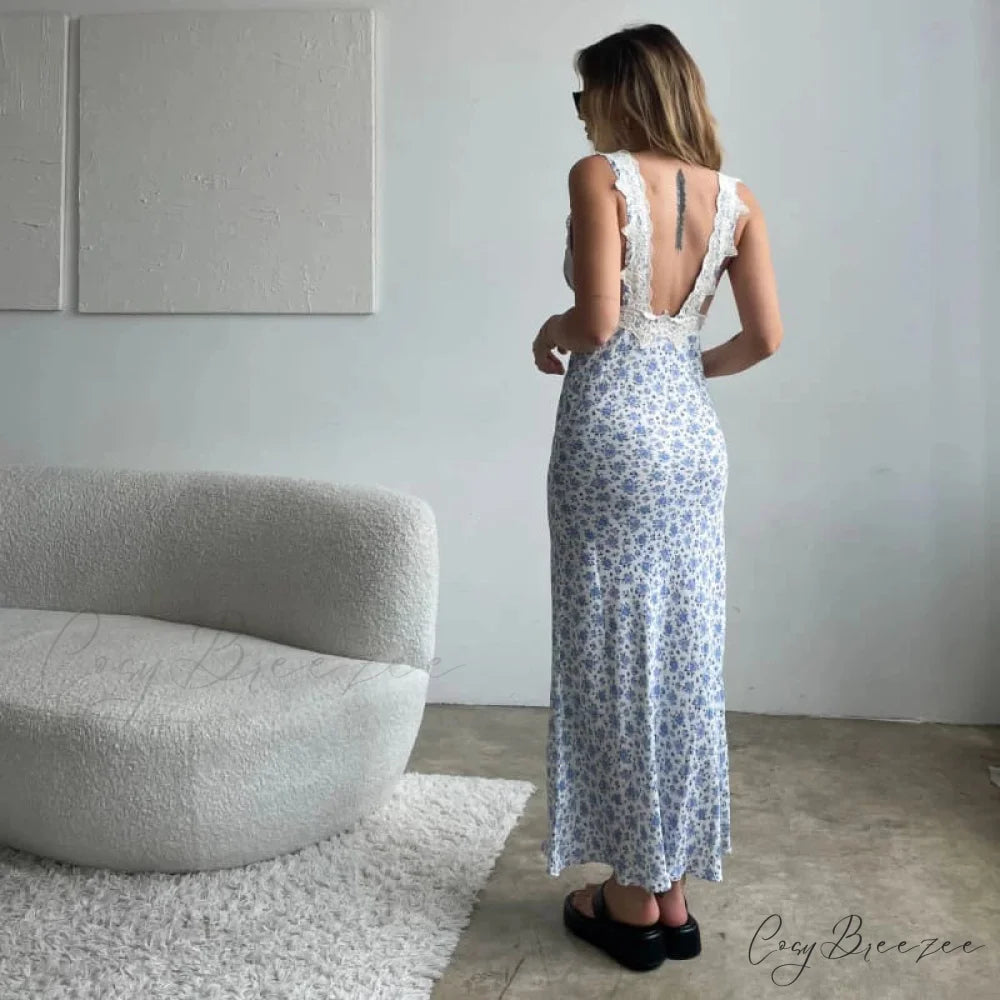 Y2K Lace Trim Long Holiday Dress vacationdress-250223