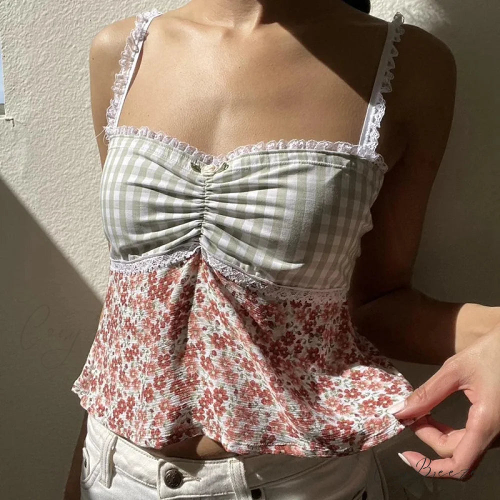 Y2K Lace Trim Plaid Floral Sleeveless Crop Top pink / S croptop-250126