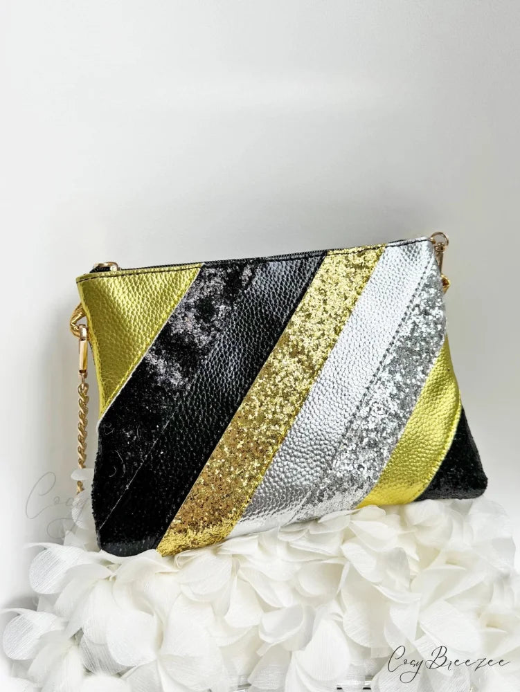 Y2K Metallic PU Leather Patchwork Clutch BLACK wristlet-250126