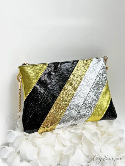 Y2K Metallic PU Leather Patchwork Clutch BLACK wristlet-250126