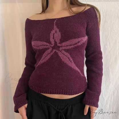 Y2K Off Shoulder Bow Graphic Pullover Knit Top knittop-250126