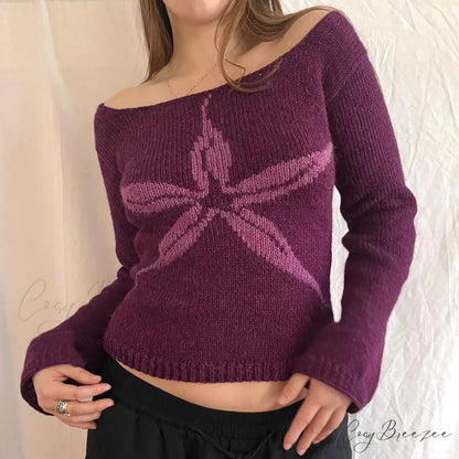 Y2K Off Shoulder Bow Graphic Pullover Knit Top RED / S knittop-250126