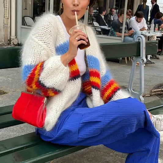 Y2K Open Front Loose Stripe Cardigan white / S cardigans-241228