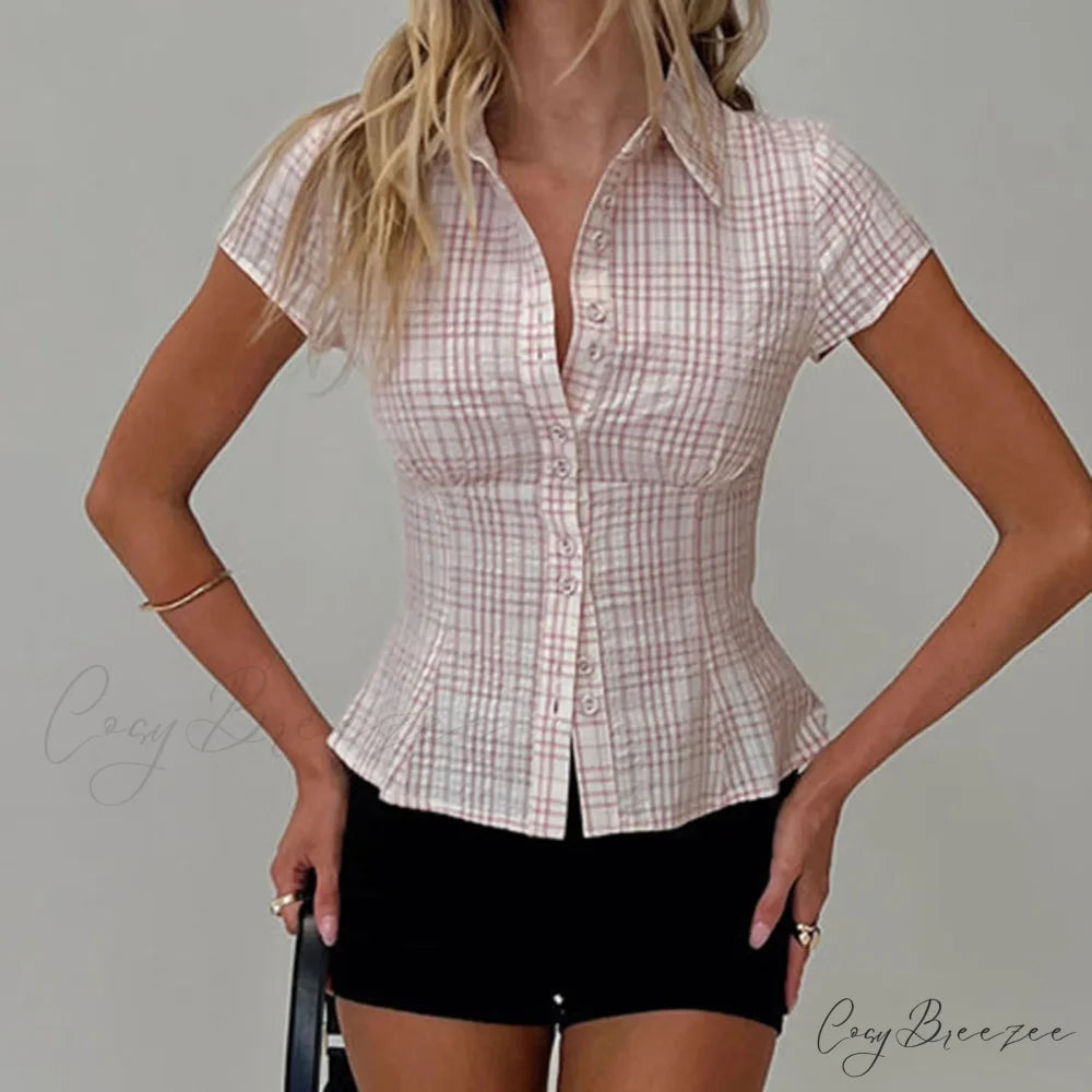 Y2K Plaid Button Down Short Sleeve Blouse blouse-250223