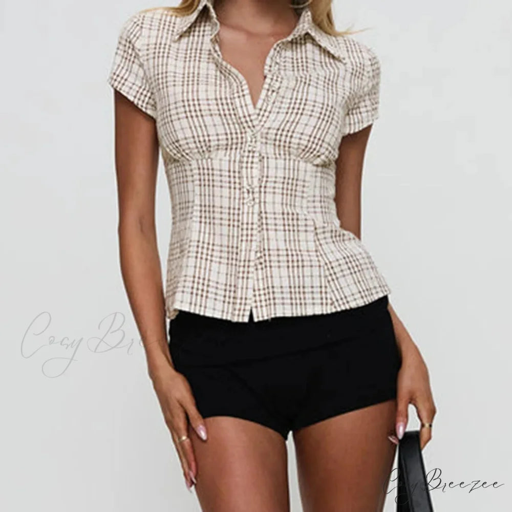 Y2K Plaid Button Down Short Sleeve Blouse blouse-250223