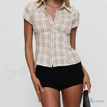 Y2K Plaid Button Down Short Sleeve Blouse blouse-250223