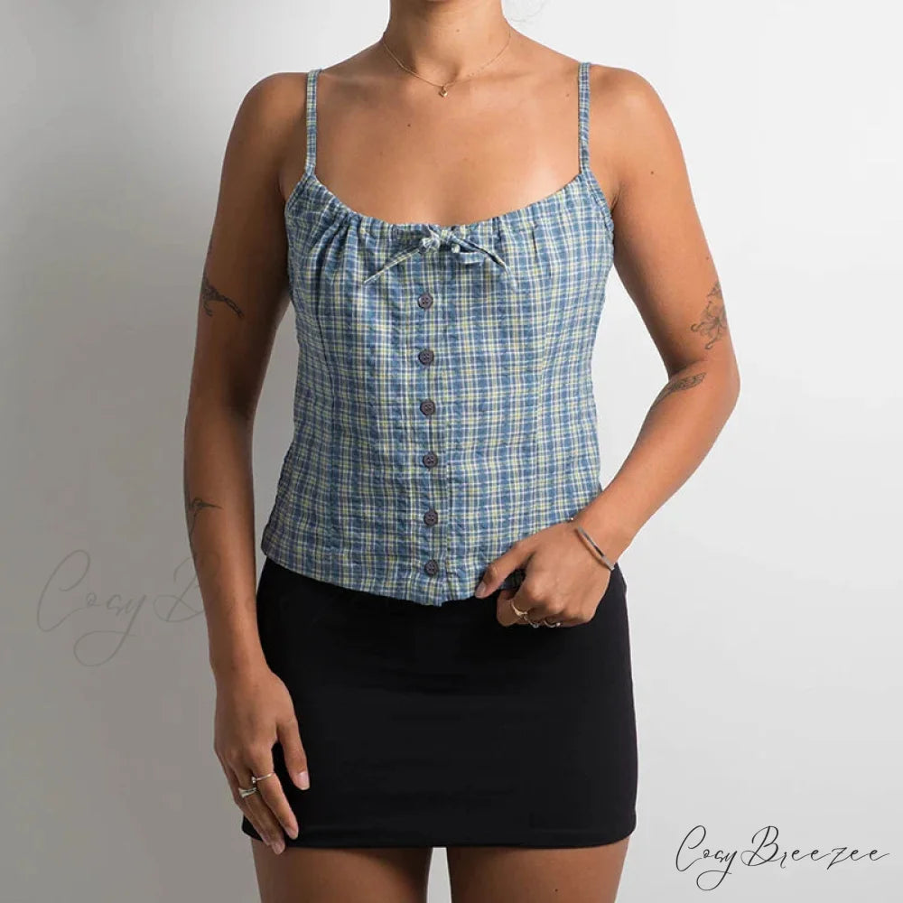 Y2K Plaid Print Sleeveless 00s Aesthetic Front Button Retro Backless Slim Fit Crop Top croptop-250126