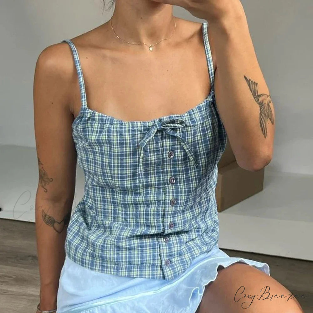Y2K Plaid Print Sleeveless 00s Aesthetic Front Button Retro Backless Slim Fit Crop Top croptop-250126