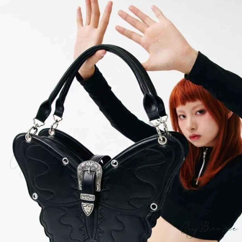 Y2K Punk Butterfly PU Leather Gothic Versatile Large Capacity Trend Bag BLACK
