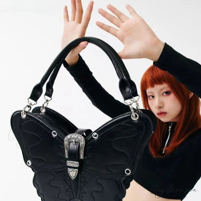 Y2K Punk Butterfly PU Leather Gothic Versatile Large Capacity Trend Bag BLACK