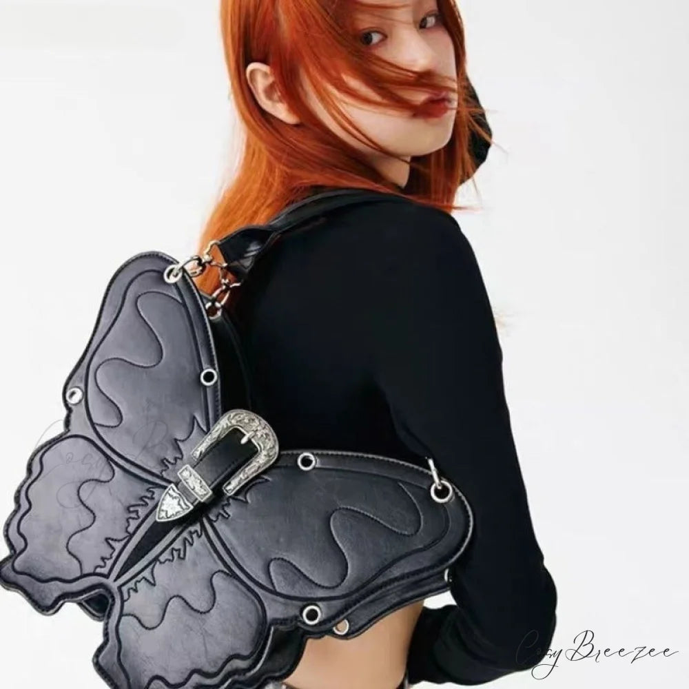 Y2K Punk Butterfly PU Leather Gothic Versatile Large Capacity Trend Bag BLACK