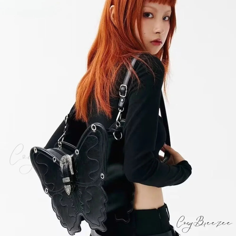 Y2K Punk Butterfly PU Leather Gothic Versatile Large Capacity Trend Bag BLACK