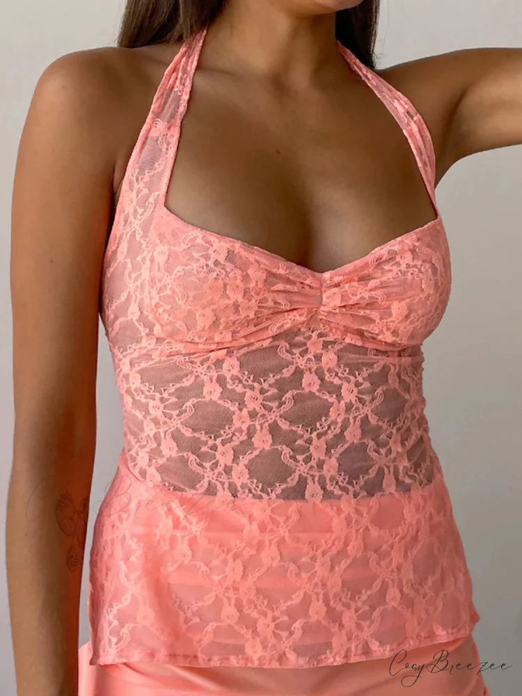 Y2K Retro Lace Sheer Mesh Backless Bandage Halter Crop Top Orange / S croptop-250126