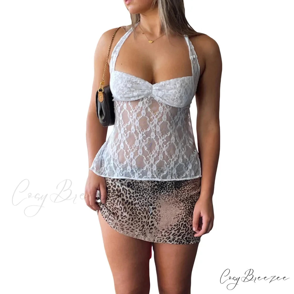 Y2K Retro Lace Sheer Mesh Backless Bandage Halter Crop Top WHITE / S croptop-250126