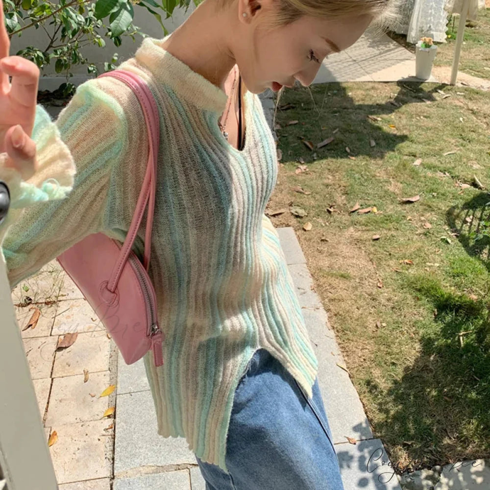 Y2K Retro Long Sleeve Vertical Stripe Print Knit Top knittop-250126